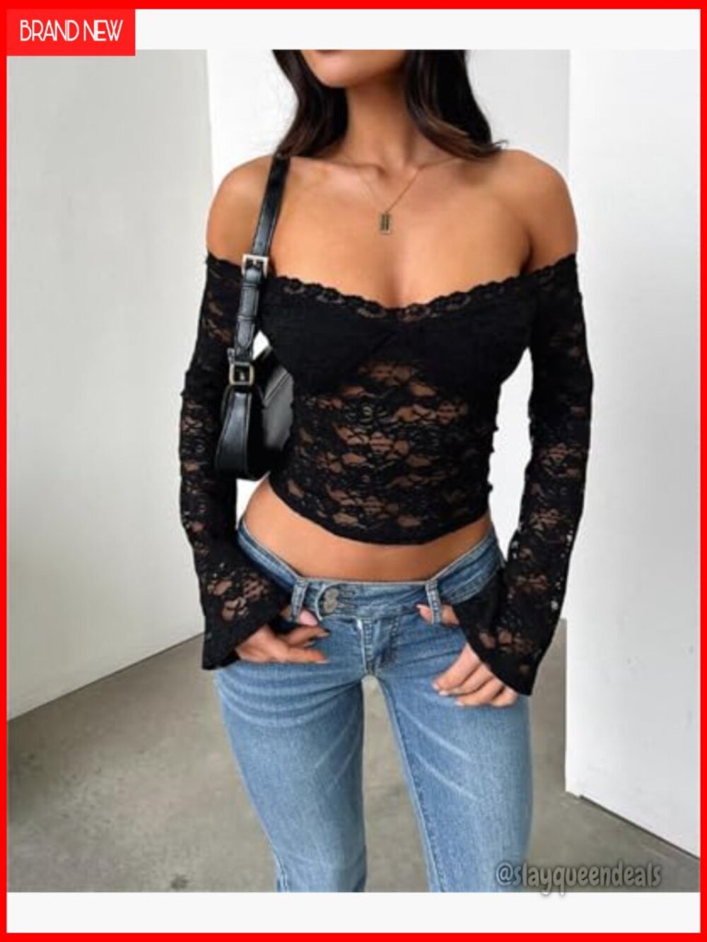 Off Shoulder Crop Top Long Sleeve Sheer Lace Backless Going Out - Picture 3 of 7